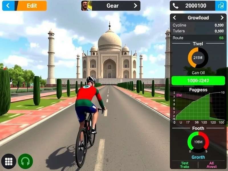 Taj Cycling Legend gameplay showing cyclist in front of Taj Mahal
